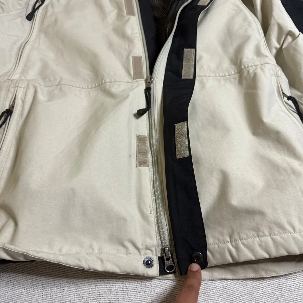 The North Face HyVent Parka Jacket Men L Cream Black Hooded Colorblock